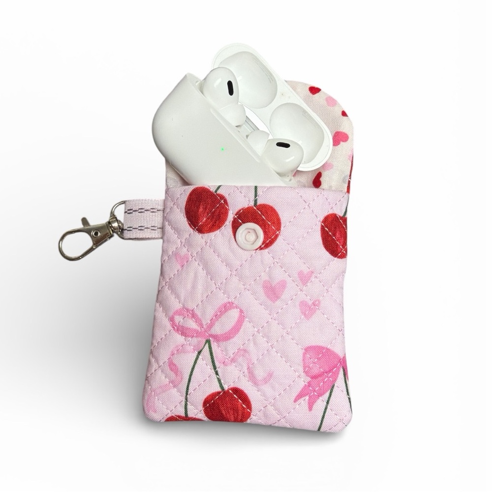 Hand Crafted AirPod Case Quilted Cherry Fabric with Keychain Cotton Earbud Case - Picture 3 of 14